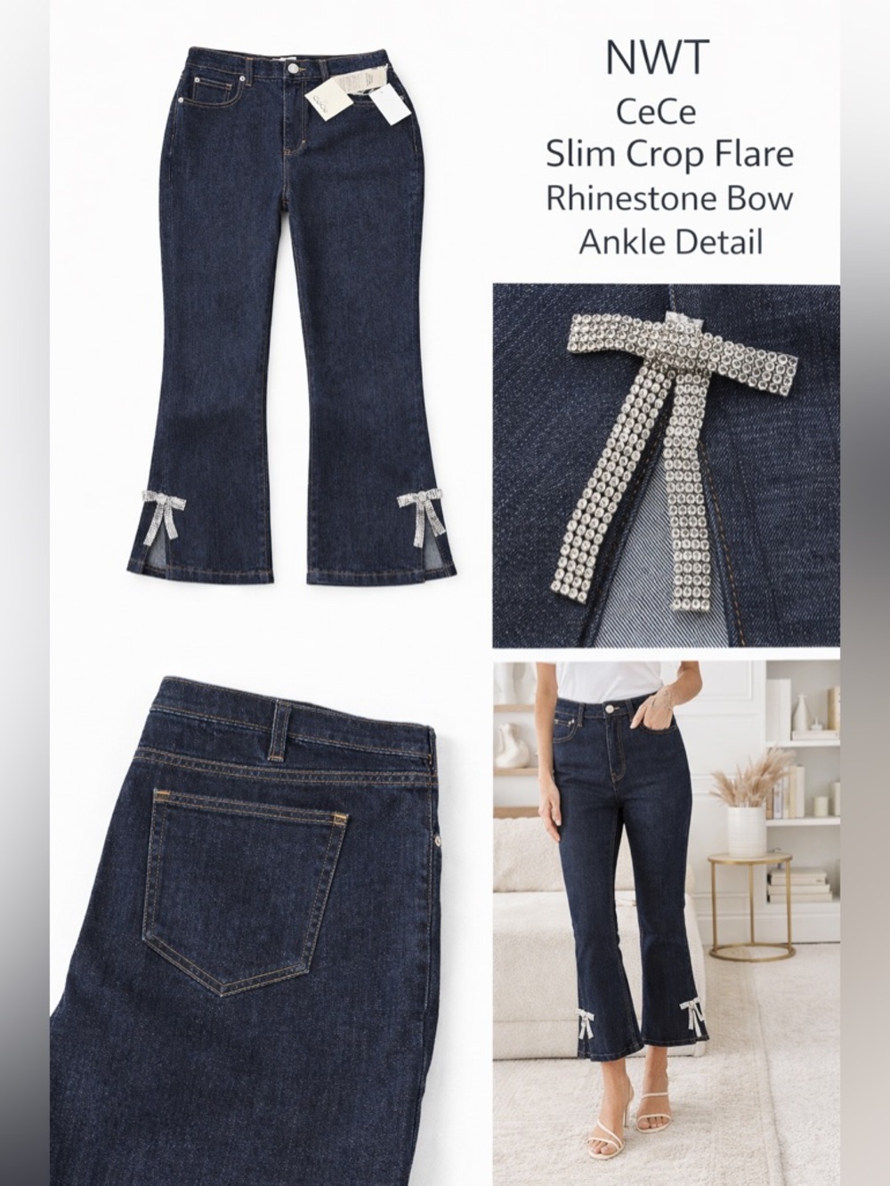 CeCe Dark Indigo Rhinestone Bow Crop Flare Jeans